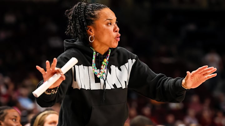 Dec 19, 2024; Columbia, South Carolina, USA; South Carolina Gamecocks head coach Dawn Staley directs her team against the Charleston Southern Buccaneers in the second half at Colonial Life Arena. Mandatory Credit: Jeff Blake-Imagn Images