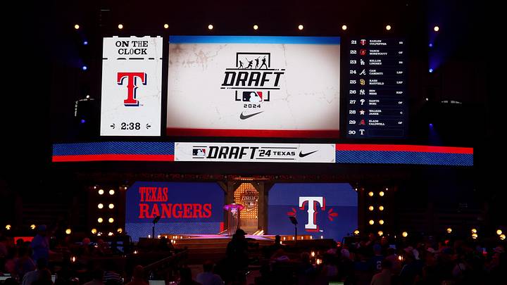 Jul 14, 2024; Ft. Worth, TX, USA; General view of the Texas Rangers pick during the first round of the MLB Draft at Cowtown Coliseum. Mandatory Credit: Kevin Jairaj-Imagn Images Jul 14, 2024; Ft. Worth, TX, USA; General view of the Texas Rangers pick during the first round of the MLB Draft at Cowtown Coliseum. Mandatory Credit: Kevin Jairaj-Imagn Images