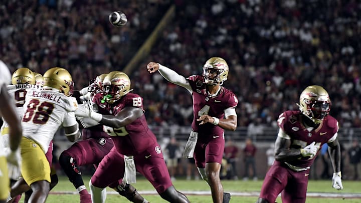 Sep 2, 2024; Tallahassee, Florida, USA; Florida State Seminoles quarterback DJ Uiagalelei (4) throws the ball in the first half against the Boston College Eagles at Doak S. Campbell Stadium. Mandatory Credit: Melina Myers-Imagn Images