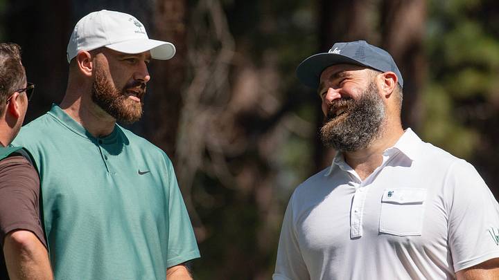 Travis Kelce and brother Jason Kelce talk on the 4th tee during the first round of the American Century Celebrity Championship golf tournament at Edgewood Tahoe Golf Course in Stateline, Nev., Friday, July 12, 2024. Travis Kelce and brother Jason Kelce talk on the 4th tee during the first round of the American Century Celebrity Championship golf tournament at Edgewood Tahoe Golf Course in Stateline, Nev., Friday, July 12, 2024.