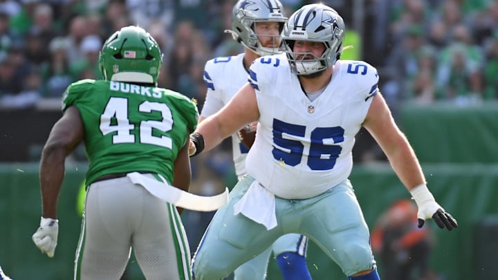 Dallas Cowboys guard Cooper Beebe blocks Philadelphia Eagles linebacker Oren Burks. Dallas Cowboys guard Cooper Beebe blocks Philadelphia Eagles linebacker Oren Burks.