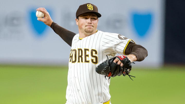Apr 16, 2026; San Diego, California, USA; San Diego Padres relief pitcher Mason Miller (22) throws a pitch during the ninth inning against the Seattle Mariners at Petco Park. Mandatory Credit: David Frerker-Imagn Images