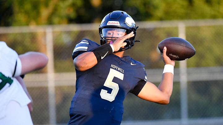 Hopewell Vikings quarterback James Armstrong throws the ball during a game against Riverside. Hopewell Vikings quarterback James Armstrong throws the ball during a game against Riverside.