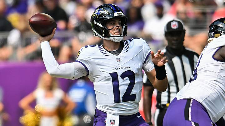 Aug 22, 2026; Minneapolis, Minnesota, USA; Baltimore Ravens quarterback Joe Fagnano (12) throws a pass against the Minnesota Vikings during the third quarter at U.S. Bank Stadium. Mandatory Credit: Jeffrey Becker-Imagn Images Aug 22, 2026; Minneapolis, Minnesota, USA; Baltimore Ravens quarterback Joe Fagnano (12) throws a pass against the Minnesota Vikings during the third quarter at U.S. Bank Stadium. Mandatory Credit: Jeffrey Becker-Imagn Images