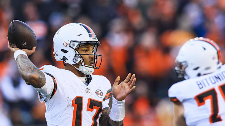 Dec 22, 2024; Cincinnati, Ohio, USA; Cleveland Browns quarterback Dorian Thompson-Robinson (17) throws a pass against the Cincinnati Bengals in the second half at Paycor Stadium. Mandatory Credit: Katie Stratman-Imagn Images