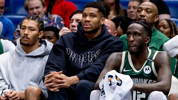 Apr 6, 2025; New Orleans, Louisiana, USA; Milwaukee Bucks forward Giannis Antetokounmpo (34) looks on from the bench against the New Orleans Pelicans during the second half at Smoothie King Center. Mandatory Credit: Stephen Lew-Imagn Images