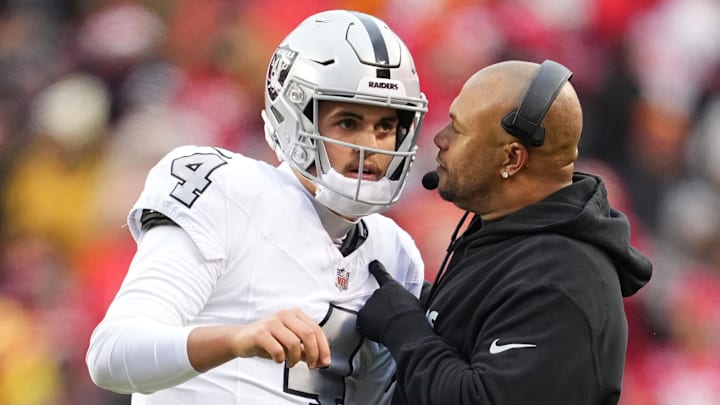 Dec 25, 2023; Kansas City, Missouri, USA; Las Vegas Raiders quarterback Aidan O'Connell (4) talks with head coach Antonio Pierce during the second half against the Las Vegas Raiders at GEHA Field at Arrowhead Stadium. Mandatory Credit: Jay Biggerstaff-USA TODAY Sports Dec 25, 2023; Kansas City, Missouri, USA; Las Vegas Raiders quarterback Aidan O'Connell (4) talks with head coach Antonio Pierce during the second half against the Las Vegas Raiders at GEHA Field at Arrowhead Stadium. Mandatory Credit: Jay Biggerstaff-USA TODAY Sports
