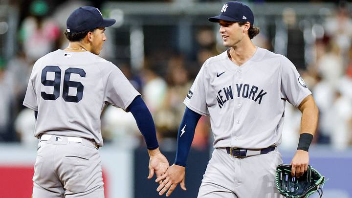 Sep 5, 2026; San Diego, California, USA;  New York Yankees center fielder Spencer Jones (78) celebrates with shortstop George Lombard Jr. (96) after defeating the San Diego Padres at Petco Park.  Mandatory Credit: David Frerker-Imagn Images