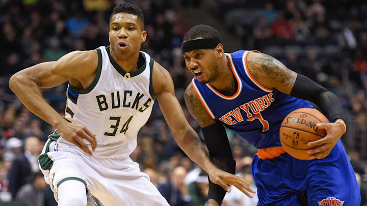 Dec 5, 2015; Milwaukee, WI, USA: New York Knicks forward Carmelo Anthony (7) drives for the basket against Milwaukee Bucks forward Giannis Antetokounmpo (34) in the second quarter at BMO Harris Bradley Center. Mandatory Credit: Benny Sieu-Imagn Images