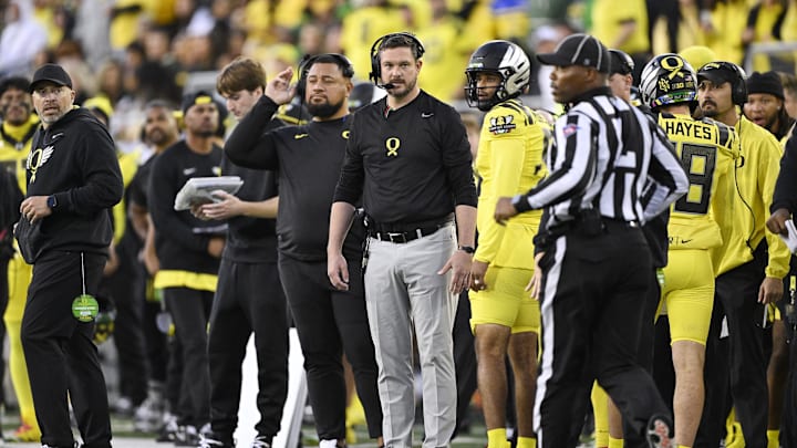 Oct 4, 2024; Eugene, Oregon, USA; Oregon Ducks head coach Dan Lanning waits to talk to an referee during the second half against the Michigan State Spartans at Autzen Stadium. Mandatory Credit: Troy Wayrynen-Imagn Images