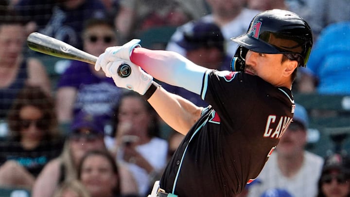Arizona Diamondbacks' Corbin Carroll hits an RBI-single against the Kansas City Royals in the third inning during a spring training game at Salt River Fields at Talking Stick on Feb. 28, 2025, in Scottsdale.