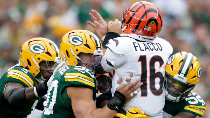 Green Bay Packers defensive end Micah Parsons (1), defensive end Lukas Van Ness (90) and defensive end Rashan Gary (52) pressure Cincinnati Bengals quarterback Joe Flacco (16) on Sunday, October 12, 2025, at Lambeau Field in Green Bay, Wis.Green Bay defeated Cincinnati 27-18.
Wm. Glasheen USA TODAY NETWORK-Wisconsin