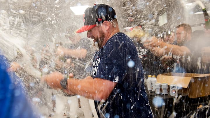 Sep 19, 2024; Cleveland, Ohio, USA; Cleveland Guardians manager Stephen Vogt celebrates with his players after the Guardians beat the Minnesota Twins and clinched a playoff berth at Progressive Field. Mandatory Credit: Ken Blaze-Imagn Images Sep 19, 2024; Cleveland, Ohio, USA; Cleveland Guardians manager Stephen Vogt celebrates with his players after the Guardians beat the Minnesota Twins and clinched a playoff berth at Progressive Field. Mandatory Credit: Ken Blaze-Imagn Images