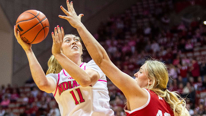 Indiana's Karoline Striplin (11) shoots over Nebraska's Alexis Markowski (40) during the Indiana versus Nebraska women's basketball game at Simon Skjodt Assembly Hall on Sunday, Feb. 2, 2025. Indiana's Karoline Striplin (11) shoots over Nebraska's Alexis Markowski (40) during the Indiana versus Nebraska women's basketball game at Simon Skjodt Assembly Hall on Sunday, Feb. 2, 2025.