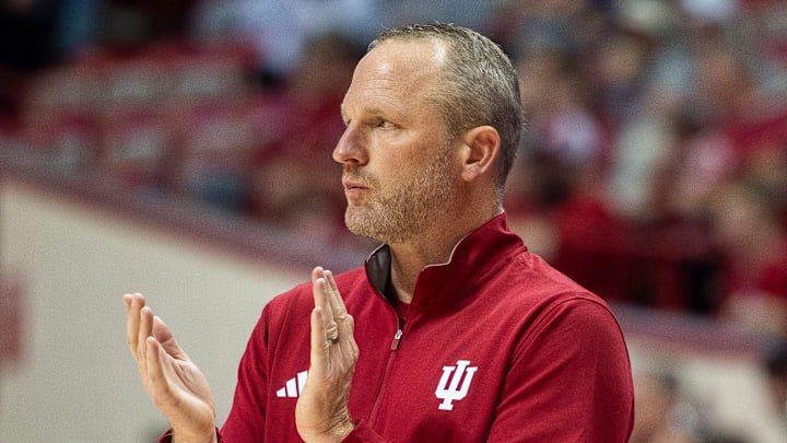 Head Coach Darian DeVries during the Indiana versus Alabama A&M men's basketball game at Simon Skjodt Assembly Hall on Wednesday, Nov. 5, 2025.