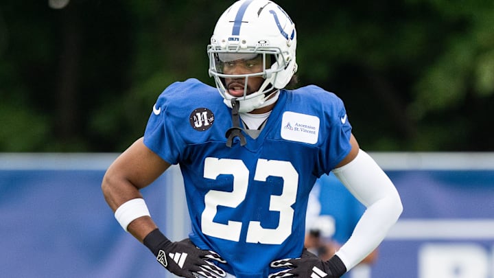 Indianapolis Colts cornerback Kenny Moore II (23) waits for a one-on-one Monday, July 28, 2025, during training camp held at Grand Park in Westfield. Indianapolis Colts cornerback Kenny Moore II (23) waits for a one-on-one Monday, July 28, 2025, during training camp held at Grand Park in Westfield.