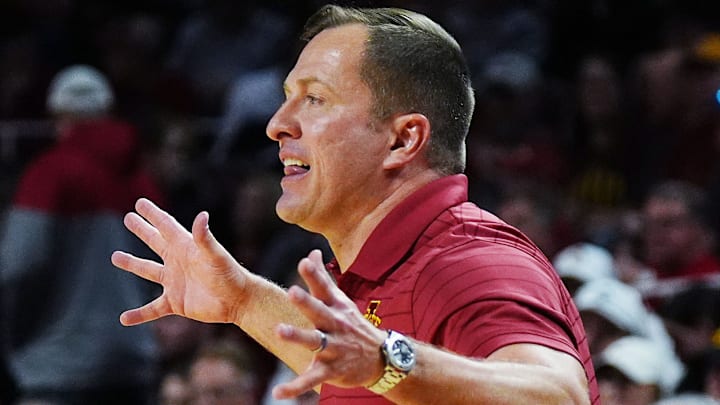 Iowa State Cyclones men's basketball head coach T.J. Otzelberger calls a play during the second half against Oklahoma State in the Big-12 men’s basketball on Jan. 10, 2026, at Hilton Coliseum in Ames, Iowa.