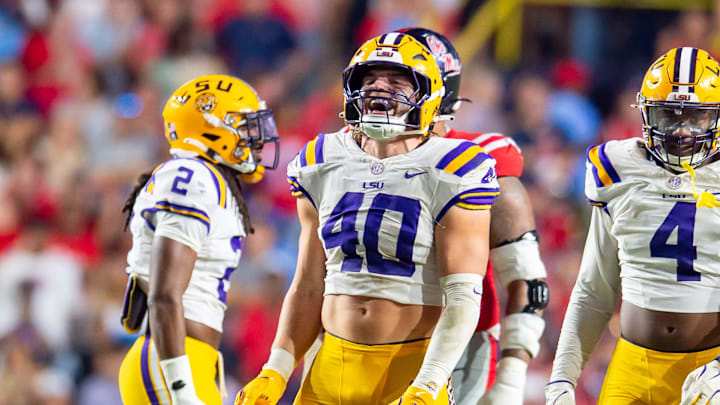Linebacker Whit Weeks 40 sacks quarterback Jaxson Dart 2 as the LSU Tigers take on the Ole Miss Rebels at Tiger Stadium in Baton Rouge, LA. Saturday, Oct. 12, 2024.Saturday, Oct. 12, 2024. Linebacker Whit Weeks 40 sacks quarterback Jaxson Dart 2 as the LSU Tigers take on the Ole Miss Rebels at Tiger Stadium in Baton Rouge, LA. Saturday, Oct. 12, 2024.Saturday, Oct. 12, 2024.
