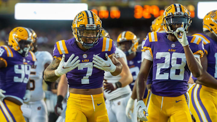 Derek Stingley Jr celebrates after making a tackle as The LSU Tigers take on Central Michigan Chippewas in Tiger Stadium. Saturday, Sept. 18, 2021.