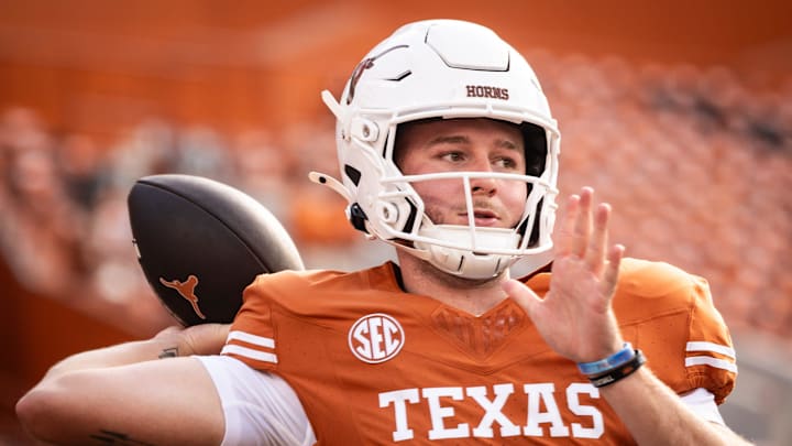 Texas Longhorns quarterback Quinn Ewers (3) warms up ahead of the Longhorns' game against the UTSA Roadrunners at Darrell K RoyalÐTexas Memorial Stadium, Saturday, Sept. 14, 2024.