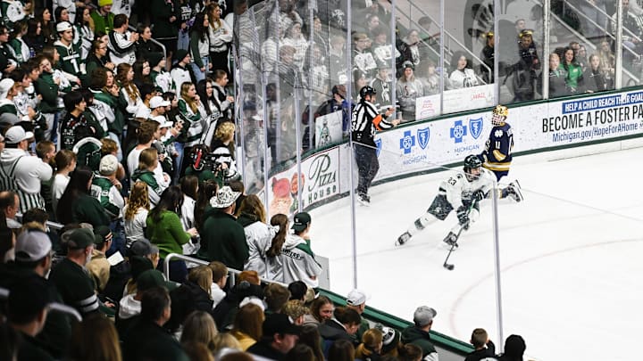 Shane Vansaghi of MSU moves the puck against Jayden Davis of Notre Dame, Saturday, Nov. 15, 2024, at Munn Ice Arena. MSU won 4-3 to sweep the series.