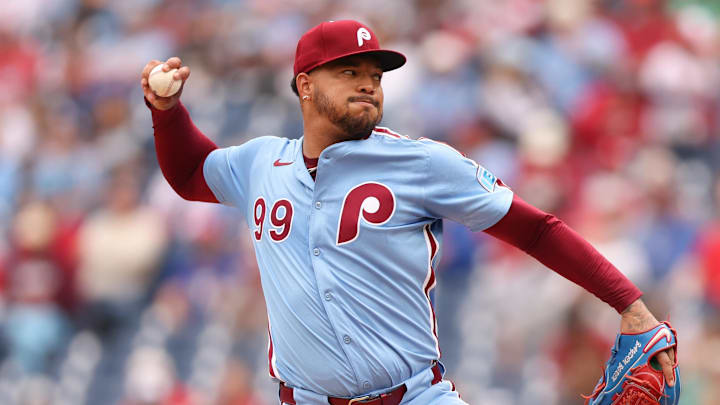 Apr 3, 2025; Philadelphia, Pennsylvania, USA; Philadelphia Phillies pitcher Taijuan Walker (99) throws a pitch against the Colorado Rockies during the first inning at Citizens Bank Park.