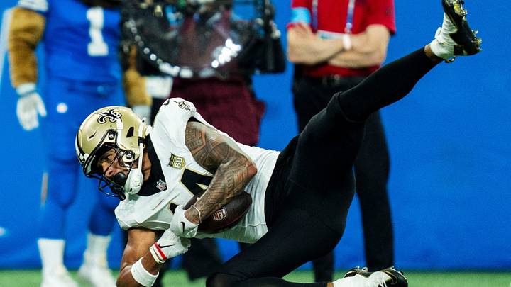 New Orleans Saints wide receiver Devaughn Vele (14) falls forward for a first down in the the fourth quarter of a game against the Detroit Lions at Ford Field in Detroit on Sunday Sept. 13, 2026. New Orleans Saints wide receiver Devaughn Vele (14) falls forward for a first down in the the fourth quarter of a game against the Detroit Lions at Ford Field in Detroit on Sunday Sept. 13, 2026.
