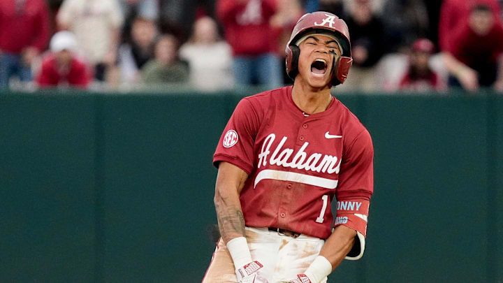 Feb 14, 2025; Tuscaloosa, AL, USA; Justin Lebron celebrates at second after hitting a three-run double during Alabama baseball’s opening day at Sewell-Thomas Stadium against Bradley. The Crimson Tide defeated Bradley 10-6.