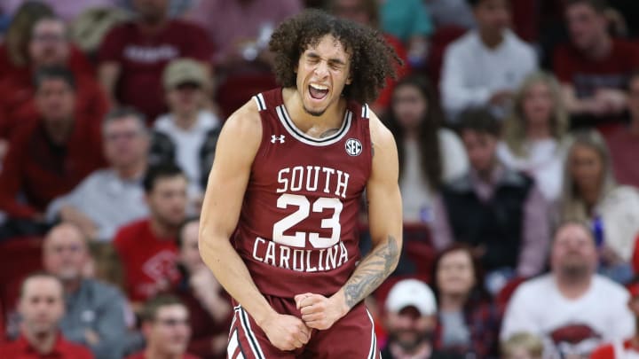 Jan 18, 2022; Fayetteville, Arkansas, USA; South Carolina Gamecocks guard Devin Carter (23) celebrates after scoring in the first half against the Arkansas Razorbacks at Bud Walton Arena. Mandatory Credit: Nelson Chenault-USA TODAY Sports Jan 18, 2022; Fayetteville, Arkansas, USA; South Carolina Gamecocks guard Devin Carter (23) celebrates after scoring in the first half against the Arkansas Razorbacks at Bud Walton Arena. Mandatory Credit: Nelson Chenault-USA TODAY Sports