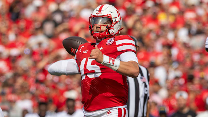 Nebraska quarterback Dylan Raiola fires a pass against Michigan.