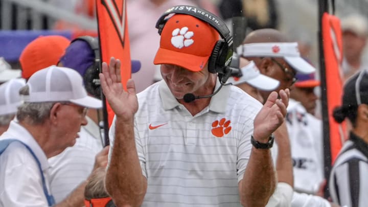 Sep 20, 2025; Clemson, South Carolina, USA; Clemson Tigers head coach Dabo Swinney reacts as the offense turns over the ball against the Syracuse Orange in the fourth quarter at Memorial Stadium. Mandatory Credit: Ken Ruinard/GREENVILLE NEWS-USA TODAY Network via Imagn Images