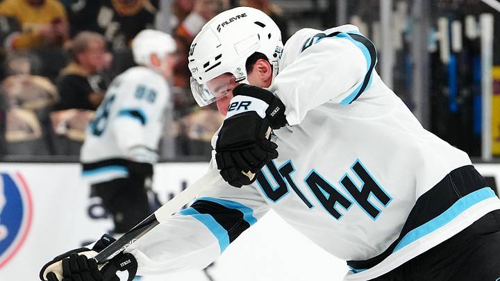 Apr 19, 2026; Las Vegas, Nevada, USA; Utah Mammoth defenseman Sean Durzi (50) warms up before the start of game one of the first round of the 2026 Stanley Cup Playoffs against the Vegas Golden Knights at T-Mobile Arena. Mandatory Credit: Stephen R. Sylvanie-Imagn Images
