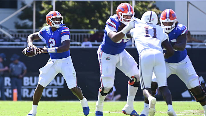 Sep 21, 2024; Starkville, Mississippi, USA; Florida Gators quarterback DJ Lagway (2) throws a pass against the Mississippi State Bulldogs during the during the second quarter at Davis Wade Stadium at Scott Field. Mandatory Credit: Matt Bush-Imagn Images