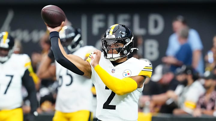 Oct 13, 2024; Paradise, Nevada, USA; Pittsburgh Steelers quarterback Justin Fields (2) warms up before a game against the Las Vegas Raiders at Allegiant Stadium. Mandatory Credit: Stephen R. Sylvanie-Imagn Images