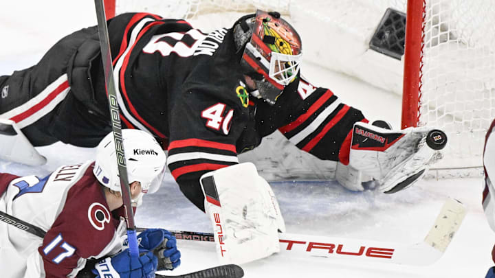 Mar 20, 2026; Chicago, Illinois, USA; Chicago Blackhawks goaltender Arvid Soderblom (40) defends against Colorado Avalanche center Parker Kelly (17) during the third period at United Center. Mandatory Credit: Matt Marton-Imagn Images Mar 20, 2026; Chicago, Illinois, USA; Chicago Blackhawks goaltender Arvid Soderblom (40) defends against Colorado Avalanche center Parker Kelly (17) during the third period at United Center. Mandatory Credit: Matt Marton-Imagn Images