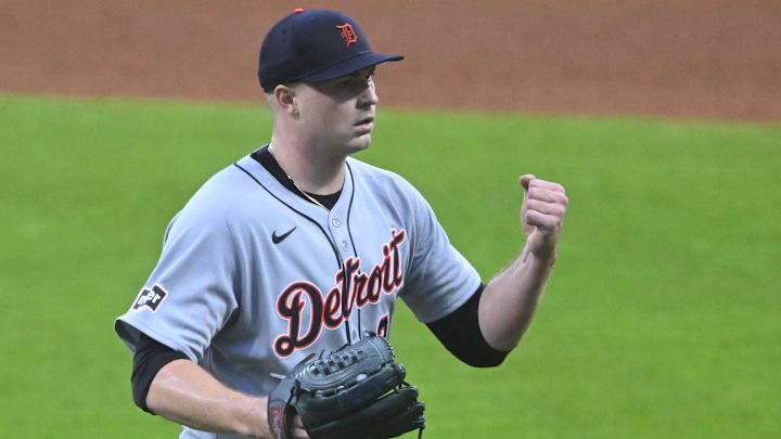 Detroit Tigers starting pitcher Tarik Skubal (29) celebrates at the end of the first inning against the Cleveland Guardians at Progressive Field. 