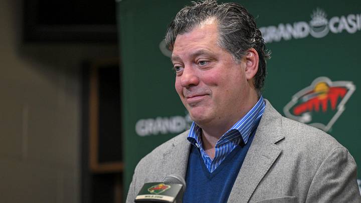 Minnesota Wild general manager Bill Guerin addresses the media about acquiring defensemen Quinn Hughes: Nick Wosika-Imagn Images