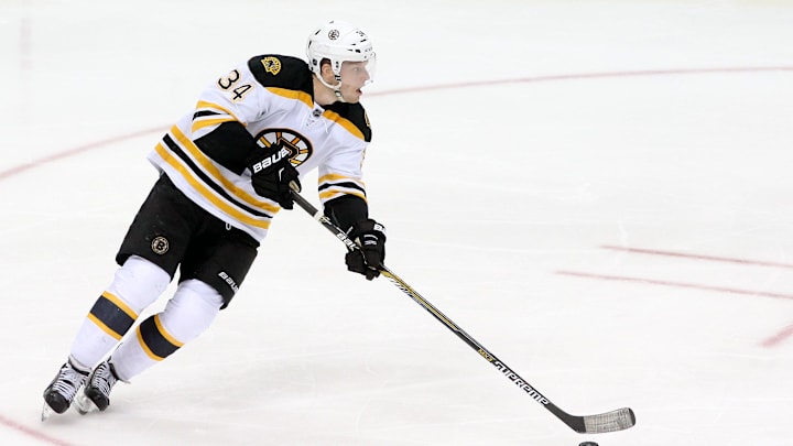 Mar 14, 2015; Pittsburgh, PA, USA; Boston Bruins center Carl Soderberg (34) carries the puck against the Pittsburgh Penguins during the second period at the CONSOL Energy Center. Boston won 2-0. Mandatory Credit: Charles LeClaire-USA TODAY Sports