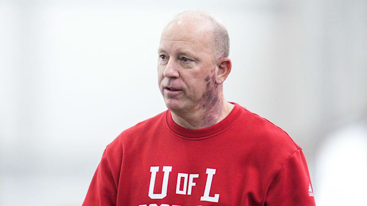 Louisville head football coach Jeff Brohm during Pro Day workout for NFL scouts Tuesday, March 25, 2025.