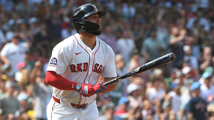 Aug 17, 2025; Boston, Massachusetts, USA;  Boston Red Sox right fielder Wilyer Abreu (52) hits a two run home run during the fourth inning against the Miami Marlins at Fenway Park. Mandatory Credit: Bob DeChiara-Imagn Images