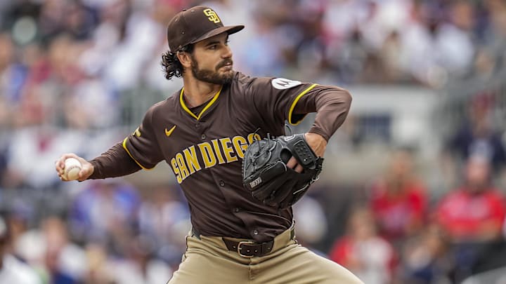 May 25, 2025; Cumberland, Georgia, USA; San Diego Padres starting pitcher Dylan Cease (84) pitches against the Atlanta Braves during the first inning at Truist Park. Mandatory Credit: Dale Zanine-Imagn Images May 25, 2025; Cumberland, Georgia, USA; San Diego Padres starting pitcher Dylan Cease (84) pitches against the Atlanta Braves during the first inning at Truist Park. Mandatory Credit: Dale Zanine-Imagn Images