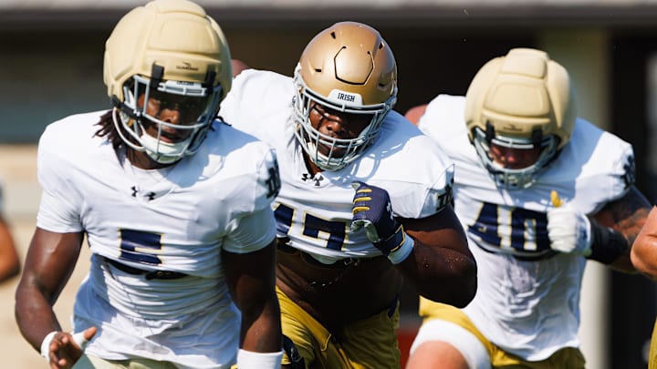 Notre Dame's defense runs a drill during a football practice at Irish Athletic Center on Sunday, Aug. 10, 2025, in South Bend.