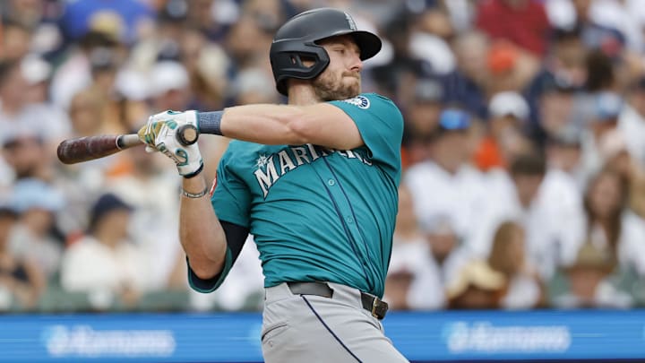 Seattle Mariners first baseman Luke Raley hits a home run during a game against the Detroit Tigers on July 12 at Comerica Park.