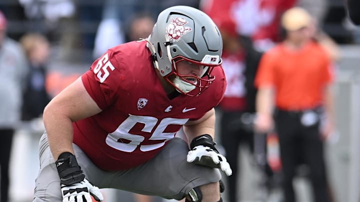 Oct 19, 2024; Pullman, Washington, USA; Washington State Cougars offensive lineman Brock Dieu (65) lines up for a play against the Hawaii Warriors in the second half at Gesa Field at Martin Stadium. Mandatory Credit: James Snook-Imagn Images
