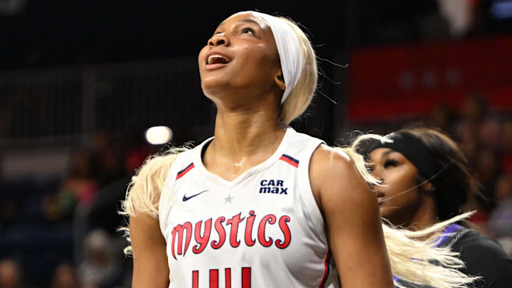 Jun 8, 2025; Washington, District of Columbia, USA; Washington Mystics forward Kiki Iriafen (44) reacts after being called for a traveling violation against the Connecticut Sun during the second quarter at CareFirst Arena. Mandatory Credit: Rafael Suanes-Imagn Images