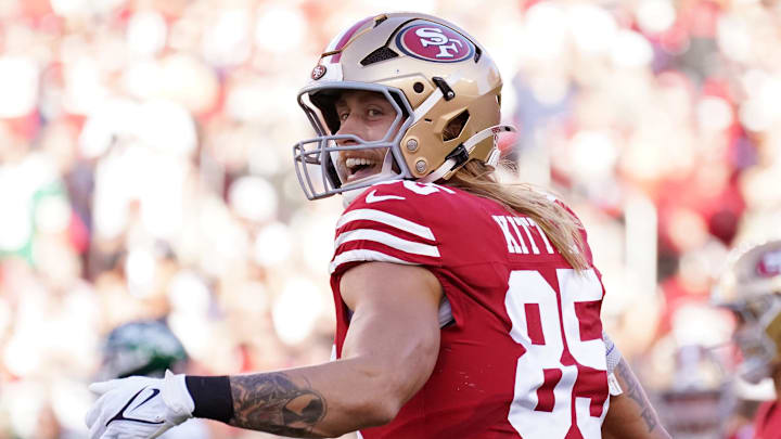 Sep 9, 2024; Santa Clara, California, USA; San Francisco 49ers tight end George Kittle (85) smiles at the referee in the first quarter vs. the New York Jets at Levi's Stadium. Mandatory Credit: David Gonzales-Imagn Images