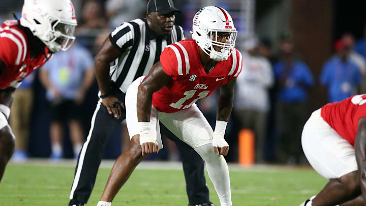 Sep 21, 2024; Oxford, Mississippi, USA; Mississippi Rebels linebacker Chris Paul Jr. (11) waits for the snap during the first half against the Georgia Southern Eagles at Vaught-Hemingway Stadium. Mandatory Credit: Petre Thomas-Imagn Images