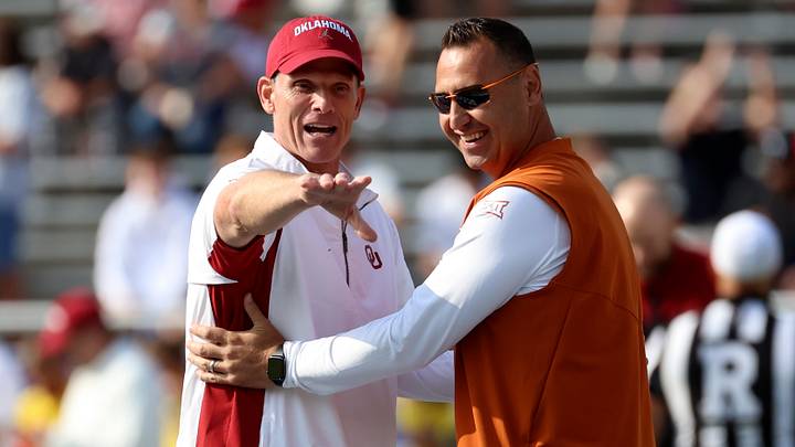 Oklahoma coach Brent Venables and Texas coach Steve Sarkisian meet before the Red River Rivalry. | Kevin Jairaj-USA TODAY Sports Oklahoma coach Brent Venables and Texas coach Steve Sarkisian meet before the Red River Rivalry. | Kevin Jairaj-USA TODAY Sports
