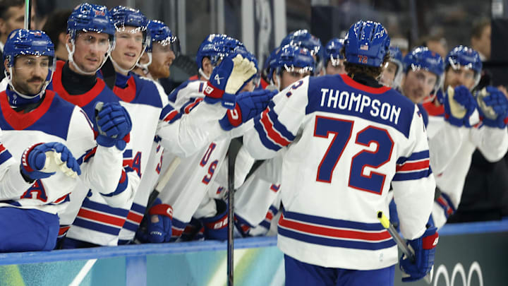 Buffalo Sabres forward Tage Thompson and his Team USA teammates at the 2026 Winter Olympics