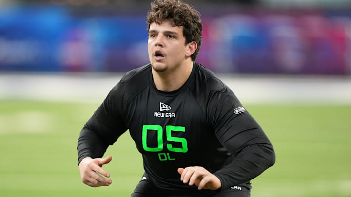 Mar 2, 2025; Indianapolis, IN, USA; LSU offensive lineman Will Campbell (OL05) during the 2025 NFL Combine at Lucas Oil Stadium.